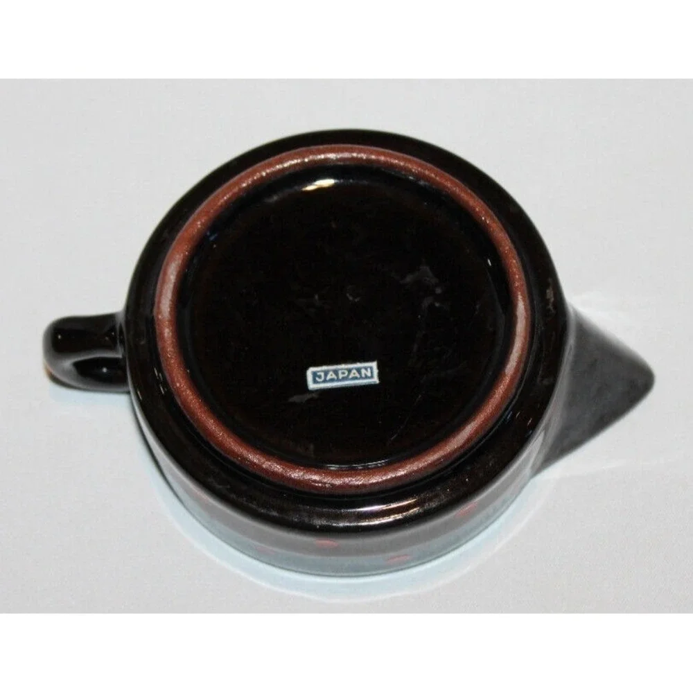 vintage 3 stack tea pot with creamer & cup black red polka dots gold trim Japan